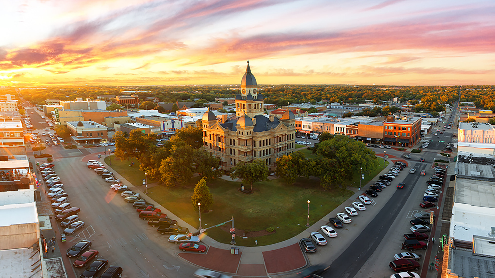 Denton square image at dusk