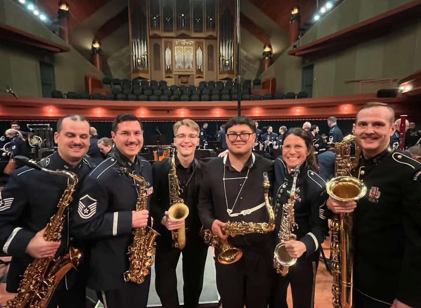 UNT Saxophonists pose with members of the United States Air Force Band