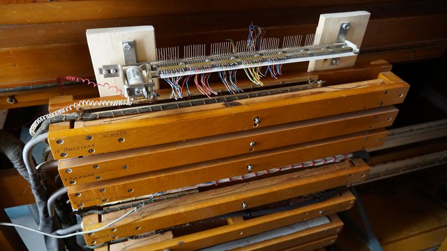 Pneumatic switches for unit chests playing from the choir.  At the top, electric action for the Viol