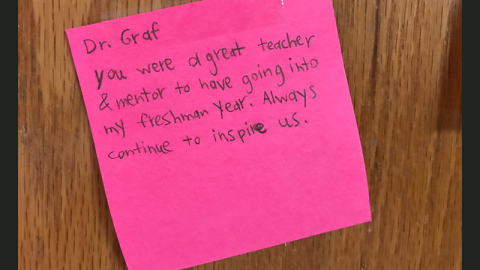 post-it note thanking Dr. Graf for freshmen theory instruction