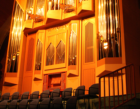 Organ above stage of Windspear Hall
